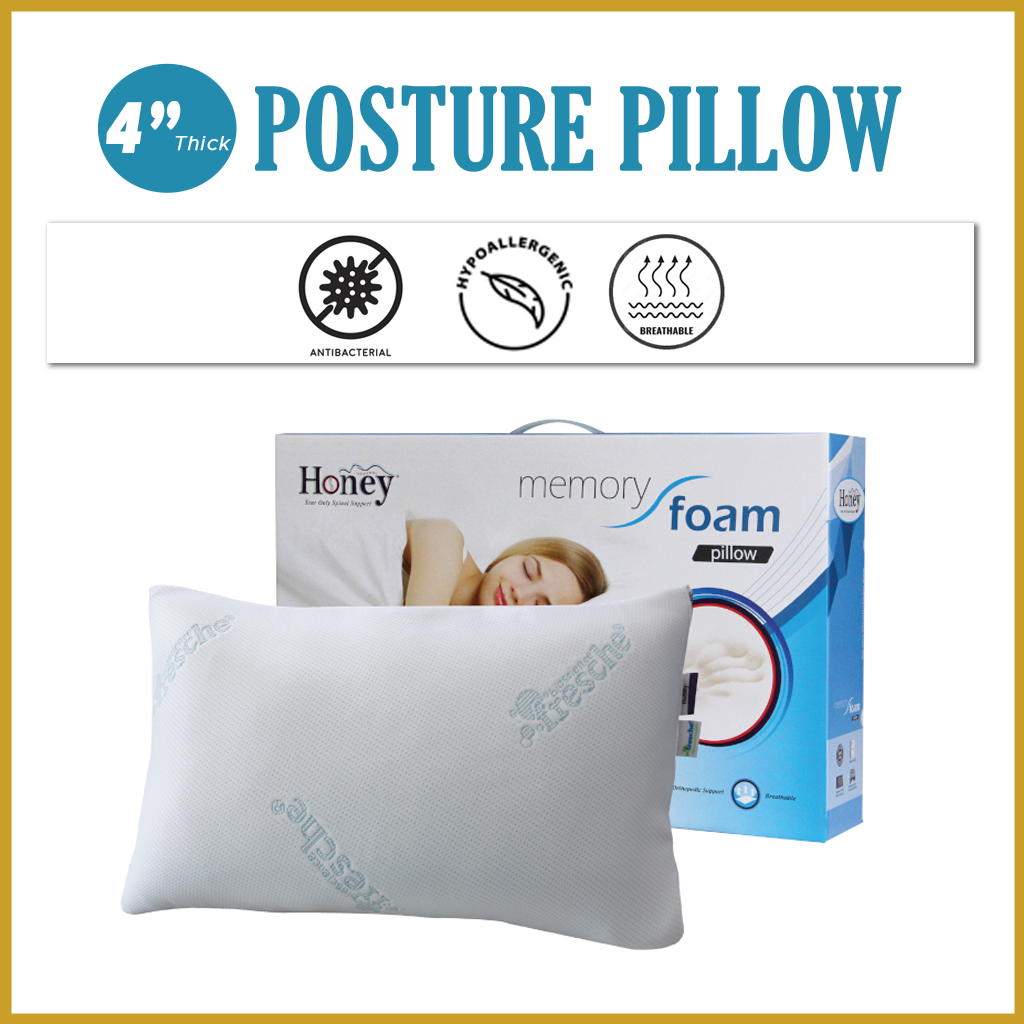 Honey Posture Pillow 4" Supportive Memory Foam Anti-Bacteria Hypoallergenic