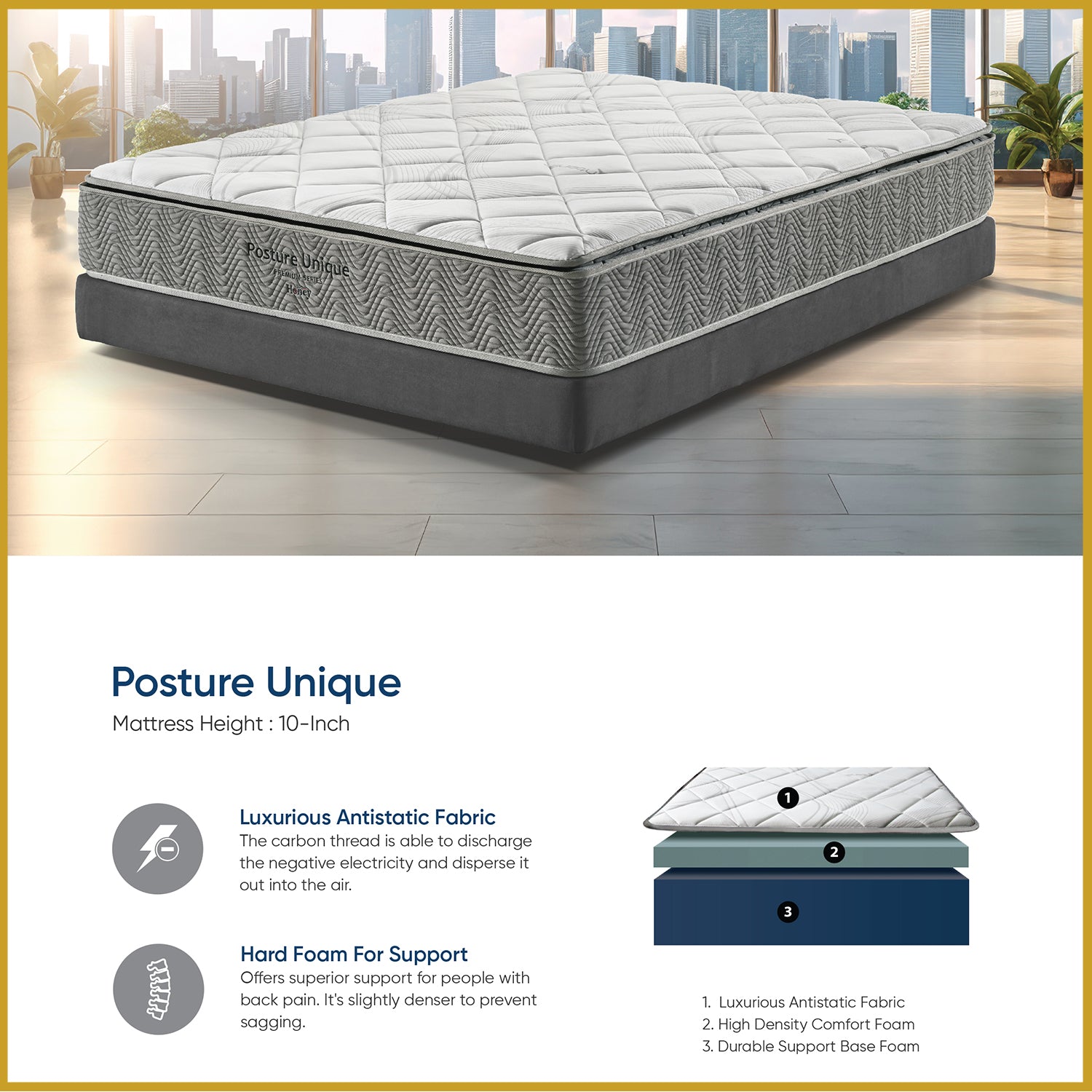 Honey Posture Unique 10“ Thickness High-Density Foam Mattress - All Sizes Available