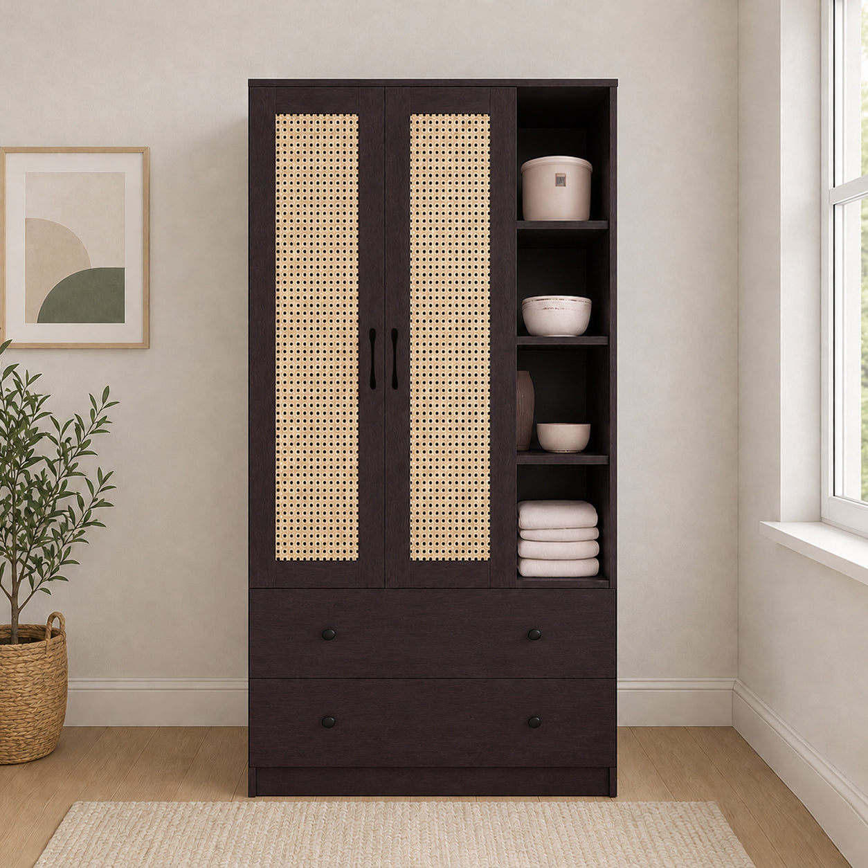 MIORI 2-Door Wooden Wardrobe Modern Clothes Cabinet with Hanging Rod, Drawer & Open Shelf