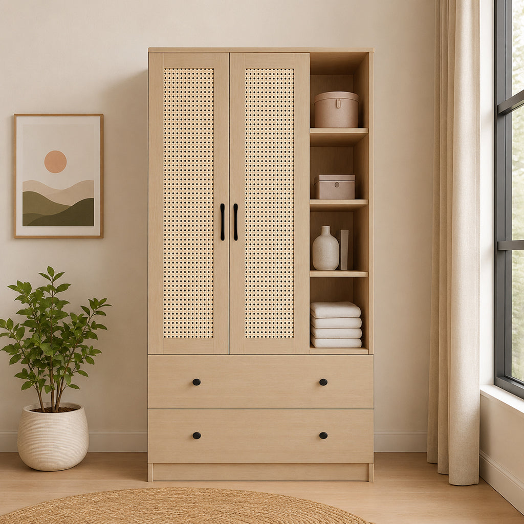 MIORI 2-Door Wooden Wardrobe Modern Clothes Cabinet with Hanging Rod, Drawer & Open Shelf