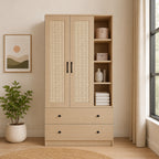 MIORI 2-Door Wooden Wardrobe Modern Clothes Cabinet with Hanging Rod, Drawer & Open Shelf