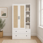 MIORI 2-Door Wooden Wardrobe Modern Clothes Cabinet with Hanging Rod, Drawer & Open Shelf