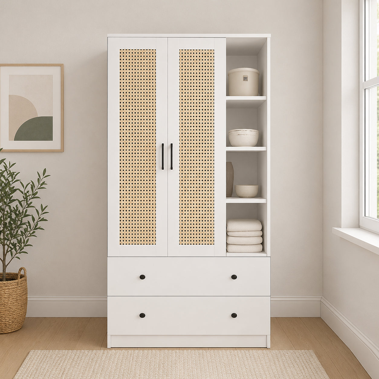 MIORI 2-Door Wooden Wardrobe Modern Clothes Cabinet with Hanging Rod, Drawer & Open Shelf