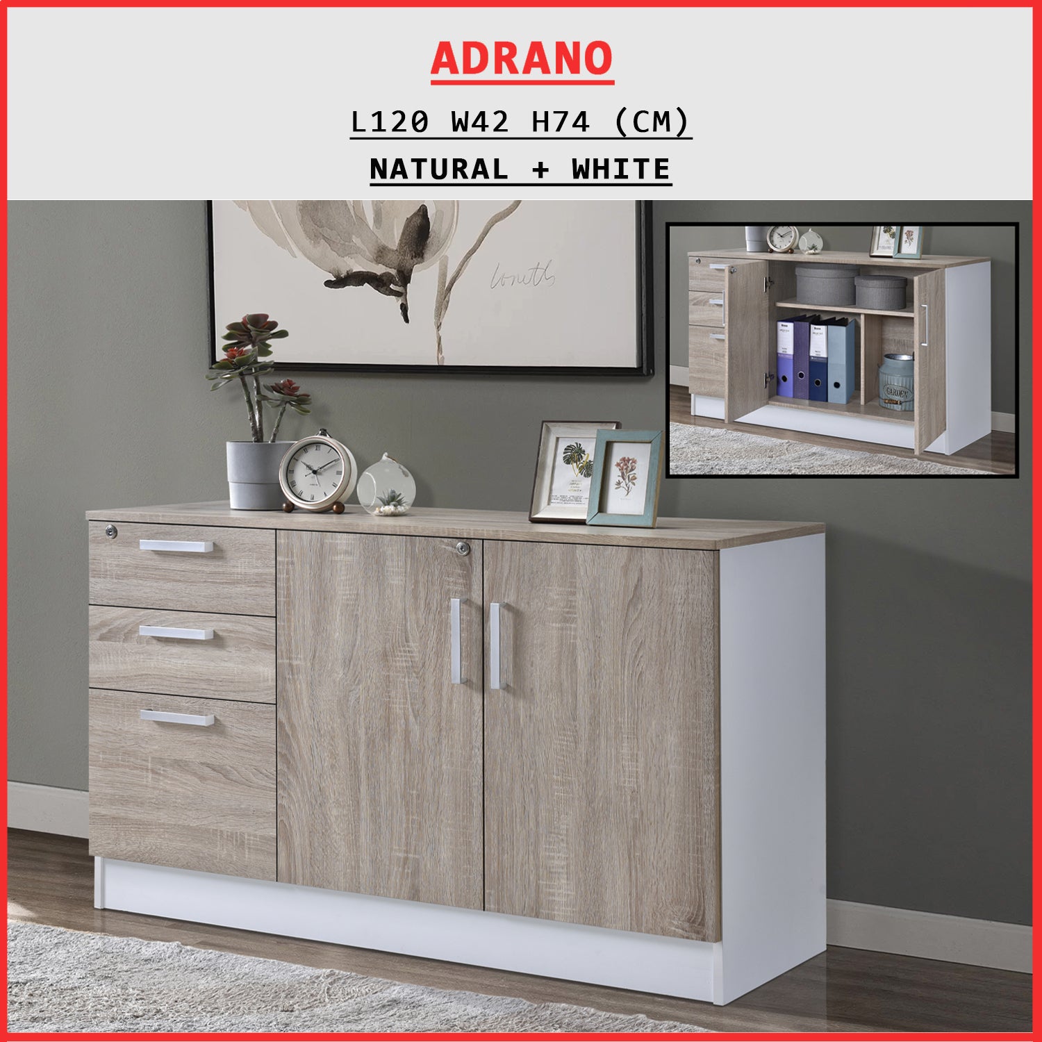 Adrano Sideboard Cabinet Storage Furniture With 3 Drawers 2 Doors with Soft Closing Hinges.