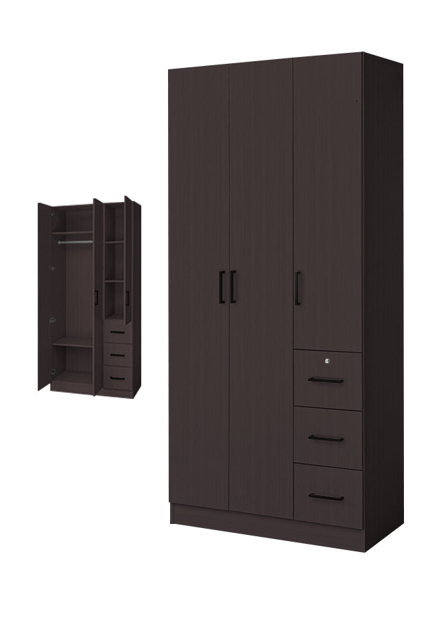 Serin Series 3 Door Soft Closing Wardrobe Fully Laminated Back Panel in 6 Colours