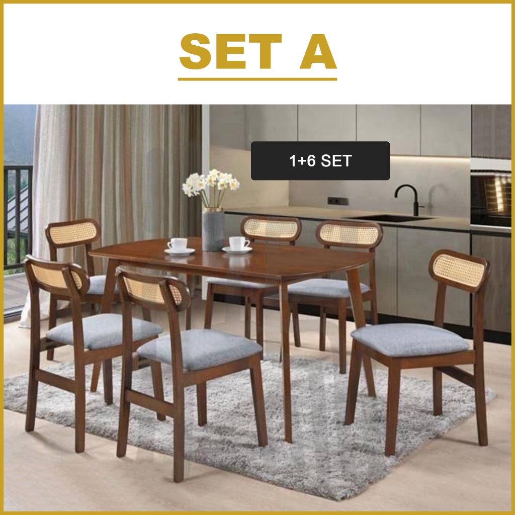Willy 1+6 Dining Set w/ Table & Chair Solid Rubber Wood with Synthetic Rattan