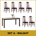 Kamila Dining Set with Table & Chairs 1+6 in Solid Wood Natural Marble Top Cherry/Walnut