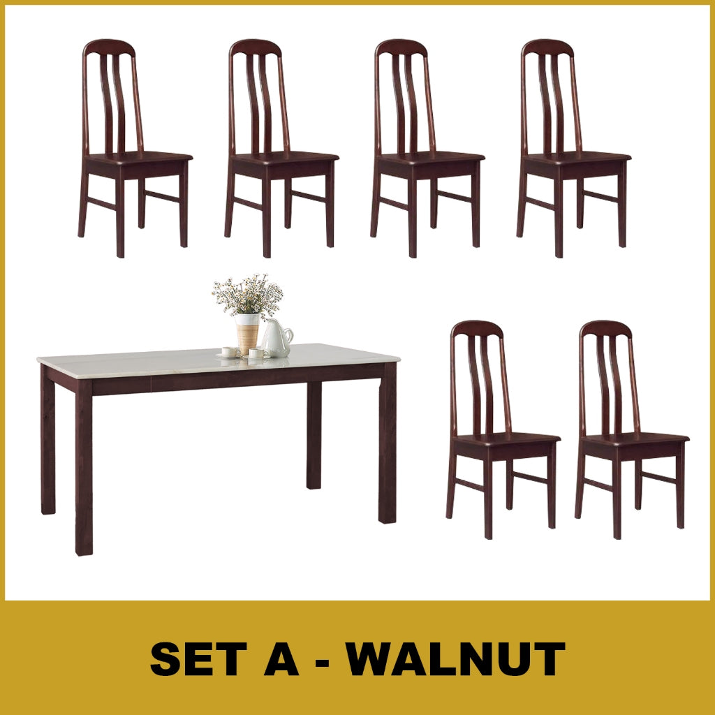 Kamila Dining Set with Table & Chairs 1+6 in Solid Wood Natural Marble Top Cherry/Walnut