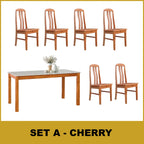 Kamila Dining Set with Table & Chairs 1+6 in Solid Wood Natural Marble Top Cherry/Walnut
