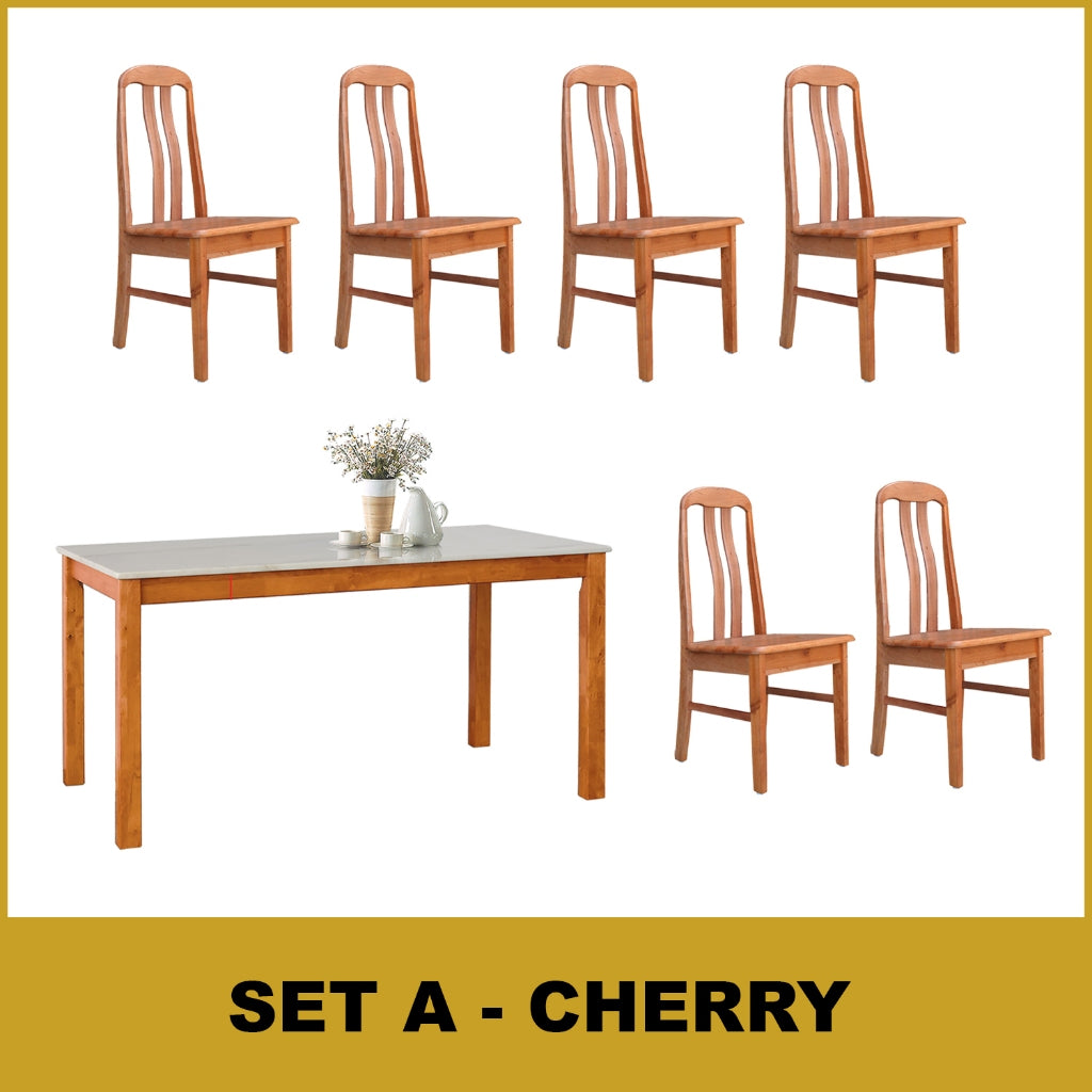 Kamila Dining Set with Table & Chairs 1+6 in Solid Wood Natural Marble Top Cherry/Walnut