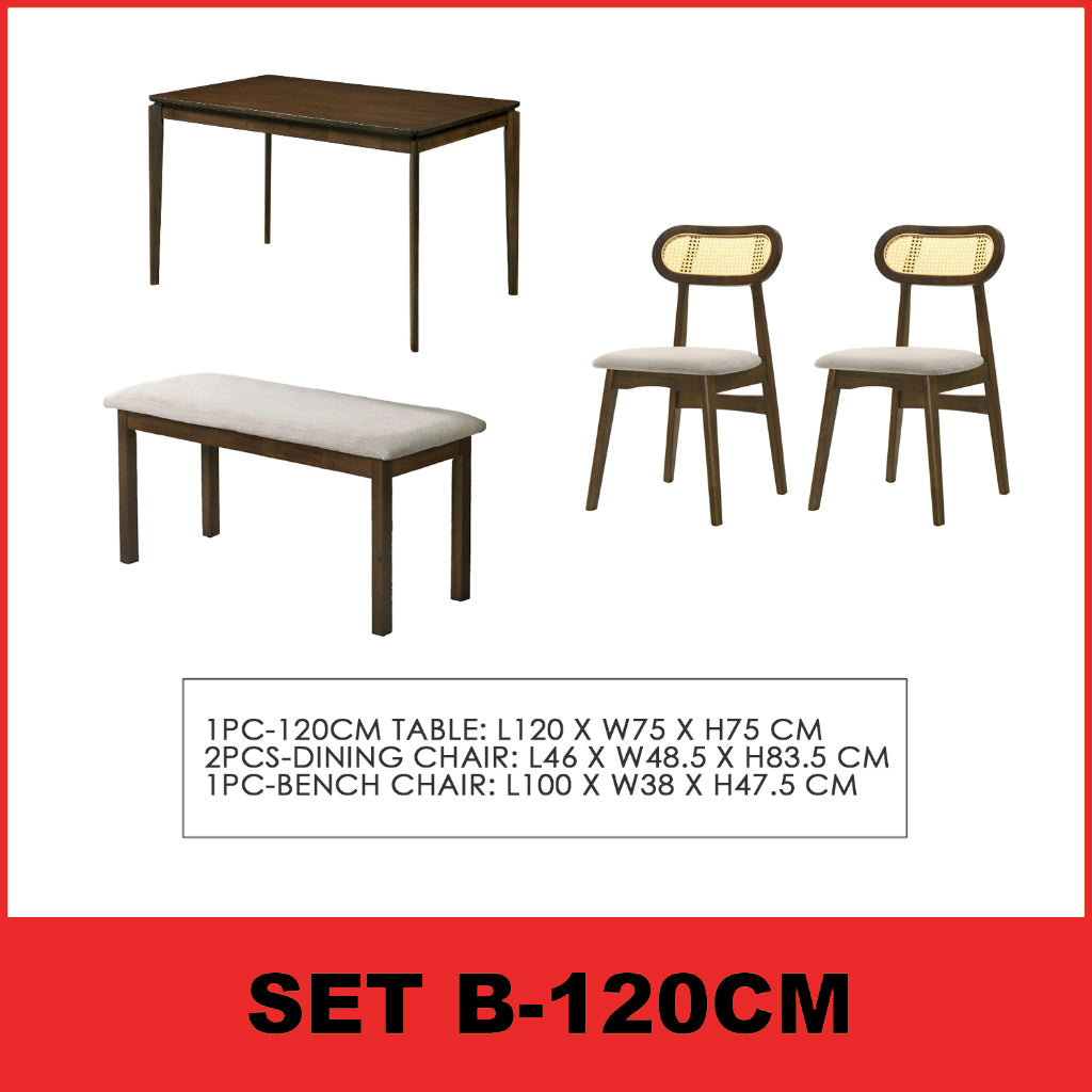 Radden 4/6 Seater Dining Set w/ Table, Chair & Bench Solid Rubber Wood in 2 Colours