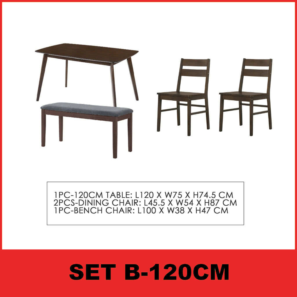 Jorgan 4/6 Seater Dining Set w/ Table, Chair & Bench Solid Rubber Wood in Walnut Colour