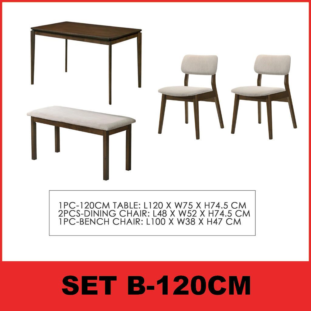 Wilton 4/6 Seater Dining Set w/ Table, Chair & Bench Solid Rubber Wood in 3 Colours
