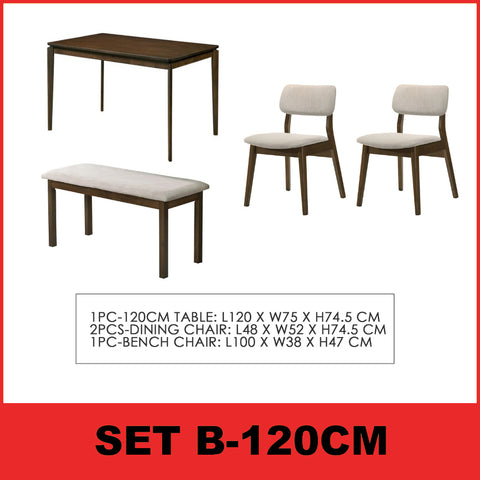 Image of Wilton 4/6 Seater Dining Set w/ Table, Chair & Bench Solid Rubber Wood in 3 Colours