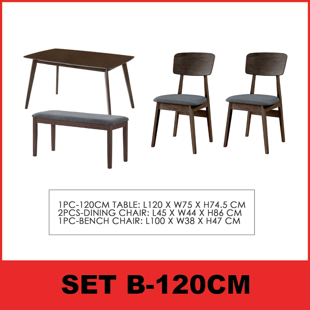 Zono Nordic Dining Set w/ Table, Chair & Bench Solid Rubber Wood in 2 Colours