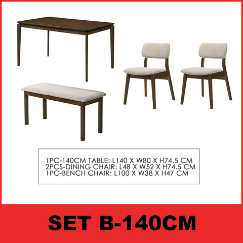 Image of Wilton 4/6 Seater Dining Set w/ Table, Chair & Bench Solid Rubber Wood in 3 Colours