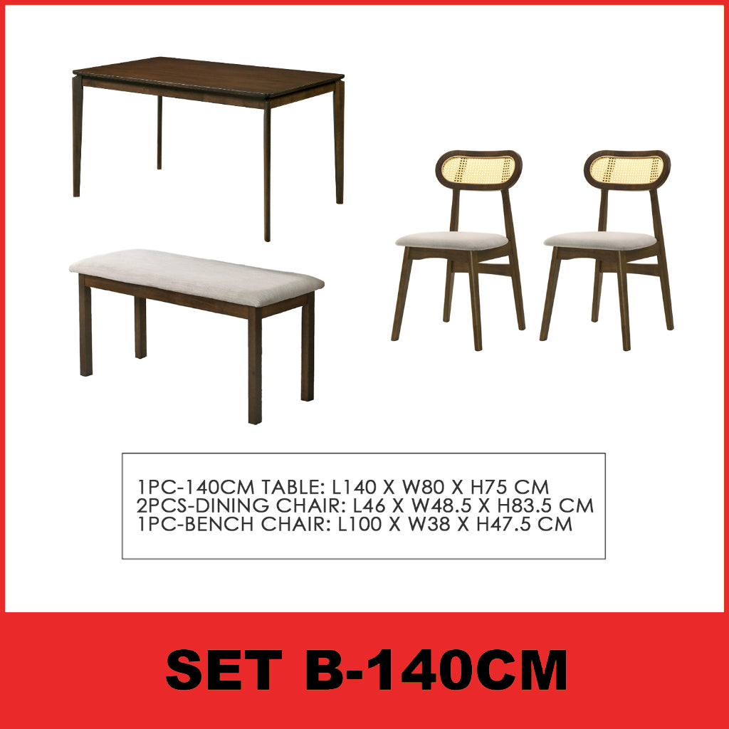Radden 4/6 Seater Dining Set w/ Table, Chair & Bench Solid Rubber Wood in 2 Colours