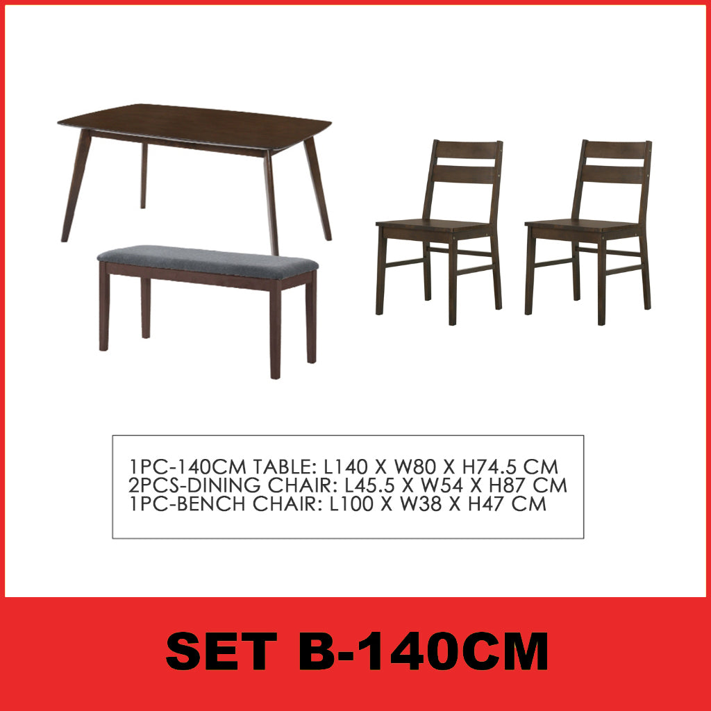 Jorgan 4/6 Seater Dining Set w/ Table, Chair & Bench Solid Rubber Wood in Walnut Colour