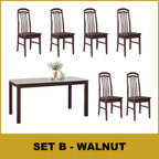 Kamila Dining Set with Table & Chairs 1+6 in Solid Wood Natural Marble Top Cherry/Walnut