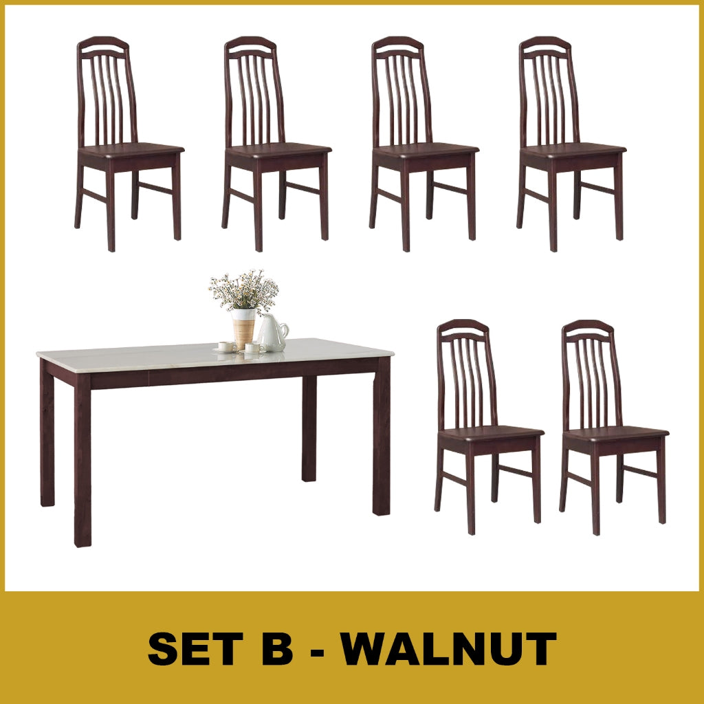 Kamila Dining Set with Table & Chairs 1+6 in Solid Wood Natural Marble Top Cherry/Walnut