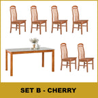 Kamila Dining Set with Table & Chairs 1+6 in Solid Wood Natural Marble Top Cherry/Walnut