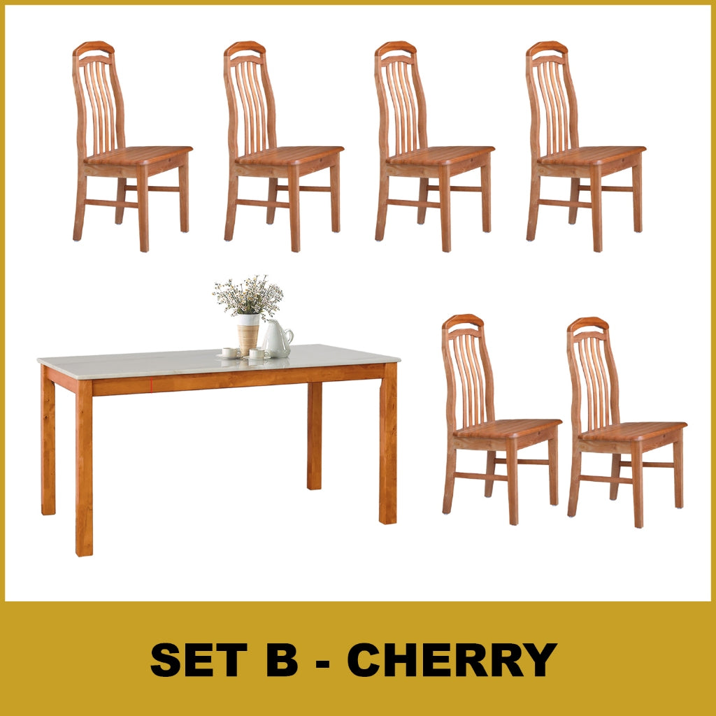 Kamila Dining Set with Table & Chairs 1+6 in Solid Wood Natural Marble Top Cherry/Walnut