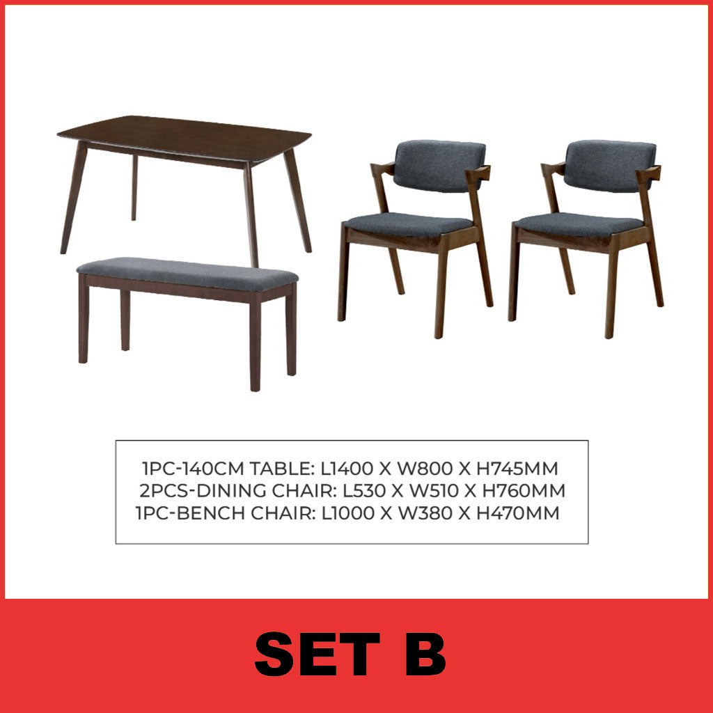 Xyrel Nordic Dining Set w/ Table, Chair & Bench Solid Rubber Wood in 3 Colours