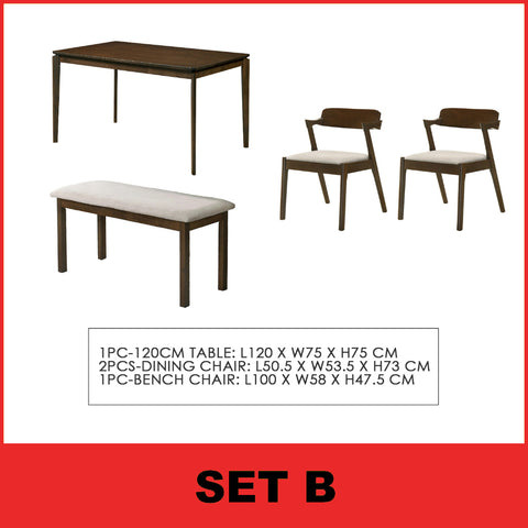 Image of Raco 4/6 Seater Nordic Dining Set w/ Table, Chair & Bench Solid Rubber Wood in 3 Colours