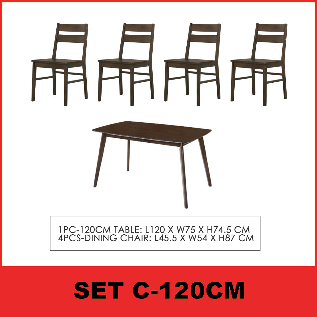 Jorgan 4/6 Seater Dining Set w/ Table, Chair & Bench Solid Rubber Wood in Walnut Colour