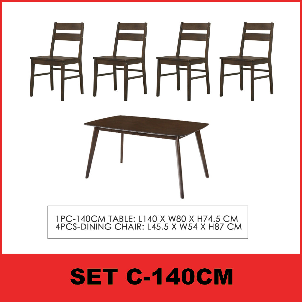 Jorgan 4/6 Seater Dining Set w/ Table, Chair & Bench Solid Rubber Wood in Walnut Colour