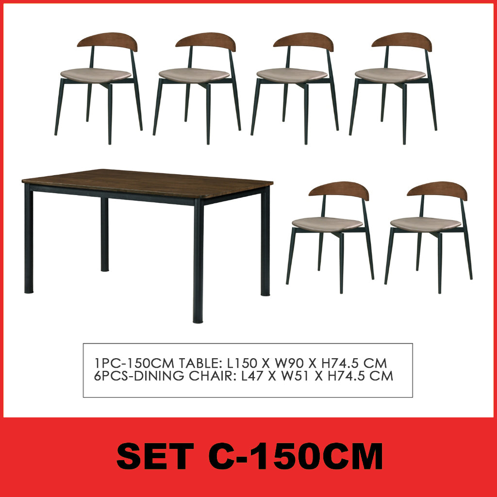 Markim 4/6 Seater Dining Set w/ Table and Chair RubberWood + Metal Legs in 2 Colours