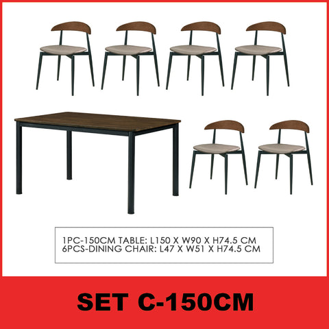 Image of Markim 4/6 Seater Dining Set w/ Table and Chair RubberWood + Metal Legs in 2 Colours