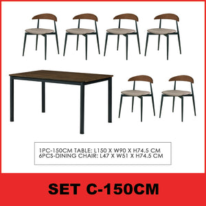Markim 4/6 Seater Dining Set w/ Table and Chair RubberWood + Metal Legs in 2 Colours