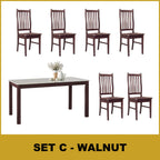 Kamila Dining Set with Table & Chairs 1+6 in Solid Wood Natural Marble Top Cherry/Walnut