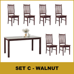 Kamila Dining Set with Table & Chairs 1+6 in Solid Wood Natural Marble Top Cherry/Walnut