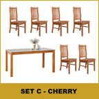 Kamila Dining Set with Table & Chairs 1+6 in Solid Wood Natural Marble Top Cherry/Walnut