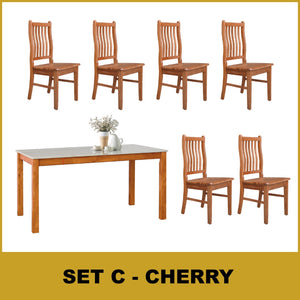 Kamila Dining Set with Table & Chairs 1+6 in Solid Wood Natural Marble Top Cherry/Walnut