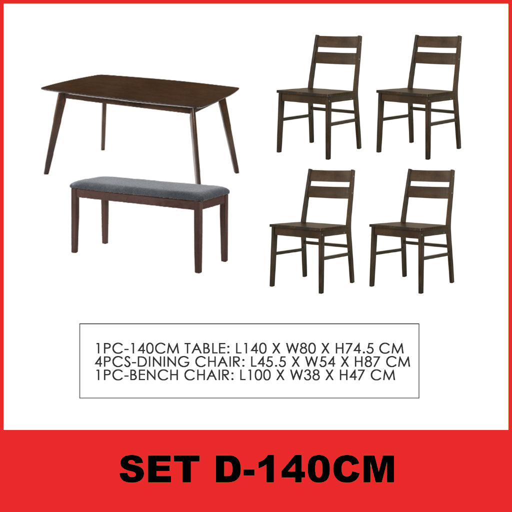 Jorgan 4/6 Seater Dining Set w/ Table, Chair & Bench Solid Rubber Wood in Walnut Colour