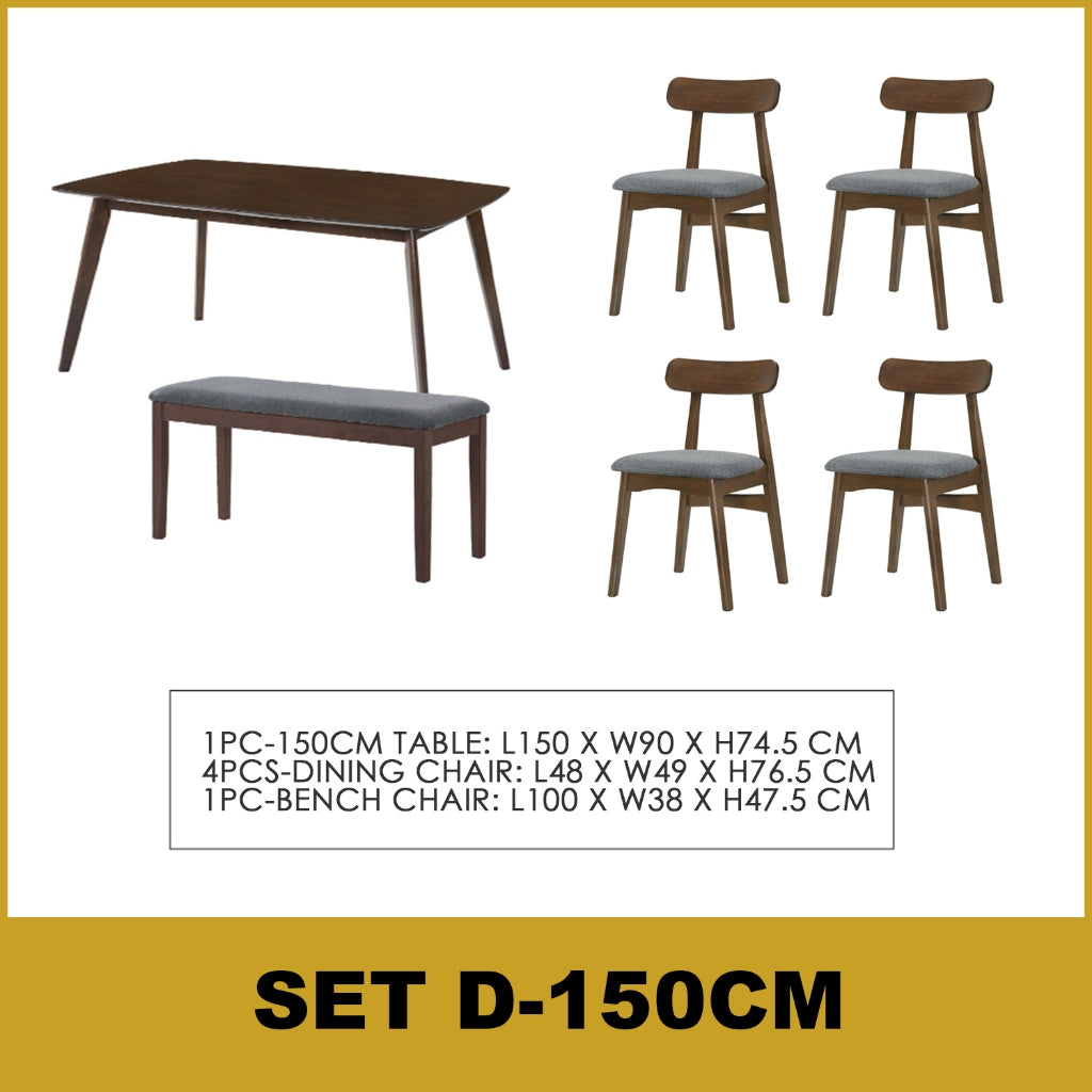 Fenza 4/6 Seater Nordic Dining Set w/ Table, Chair & Bench Solid Rubber Wood in 3 Colours