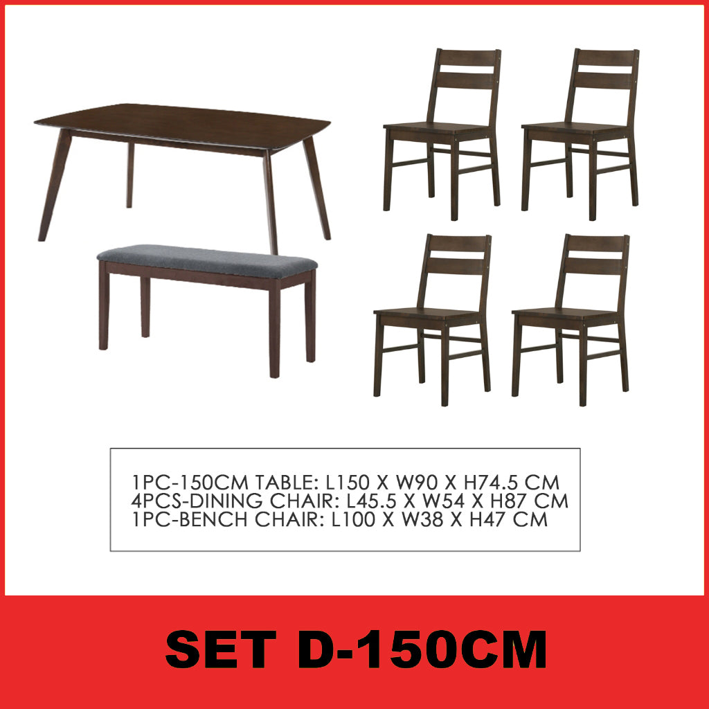 Jorgan 4/6 Seater Dining Set w/ Table, Chair & Bench Solid Rubber Wood in Walnut Colour
