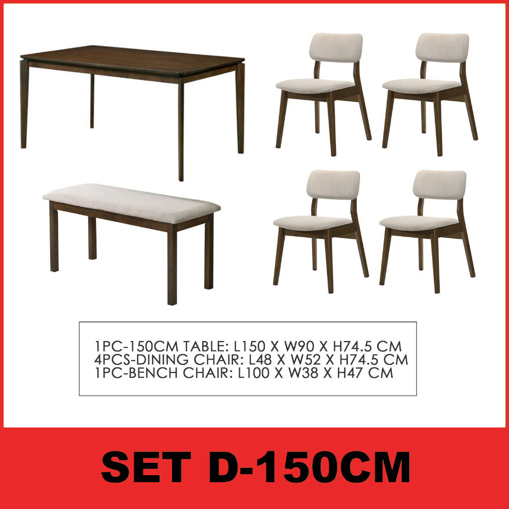 Wilton 4/6 Seater Dining Set w/ Table, Chair & Bench Solid Rubber Wood in 3 Colours