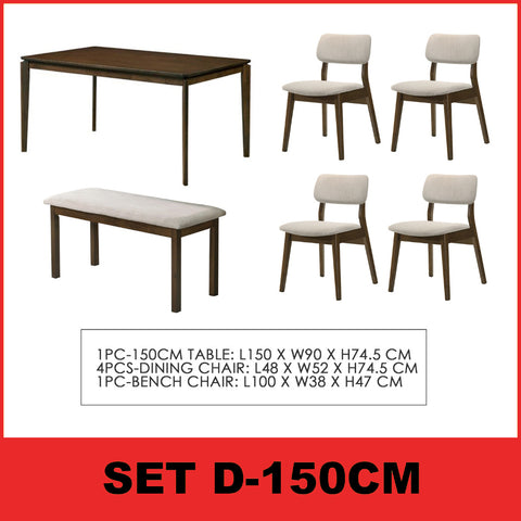 Image of Wilton 4/6 Seater Dining Set w/ Table, Chair & Bench Solid Rubber Wood in 3 Colours