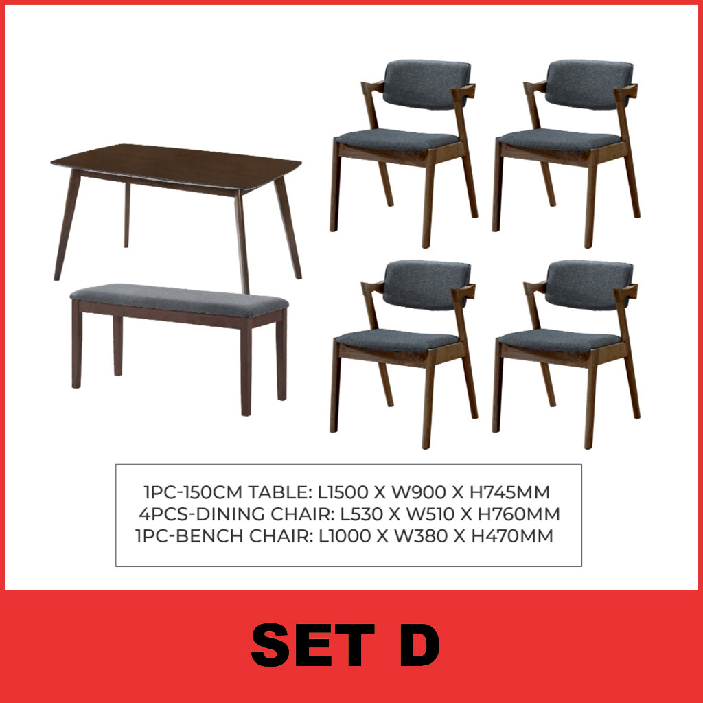 Xyrel Nordic Dining Set w/ Table, Chair & Bench Solid Rubber Wood in 3 Colours