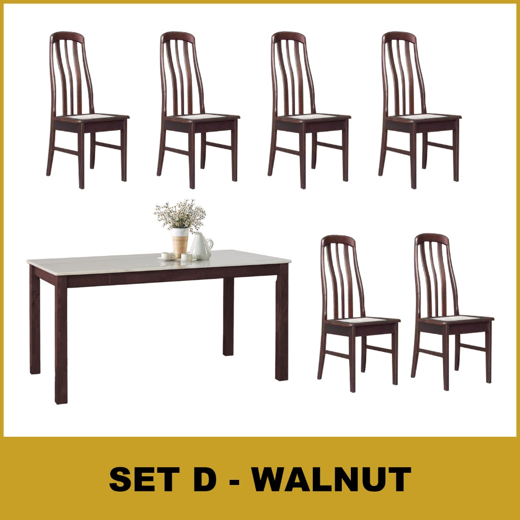 Kamila Dining Set with Table & Chairs 1+6 in Solid Wood Natural Marble Top Cherry/Walnut