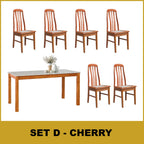 Kamila Dining Set with Table & Chairs 1+6 in Solid Wood Natural Marble Top Cherry/Walnut