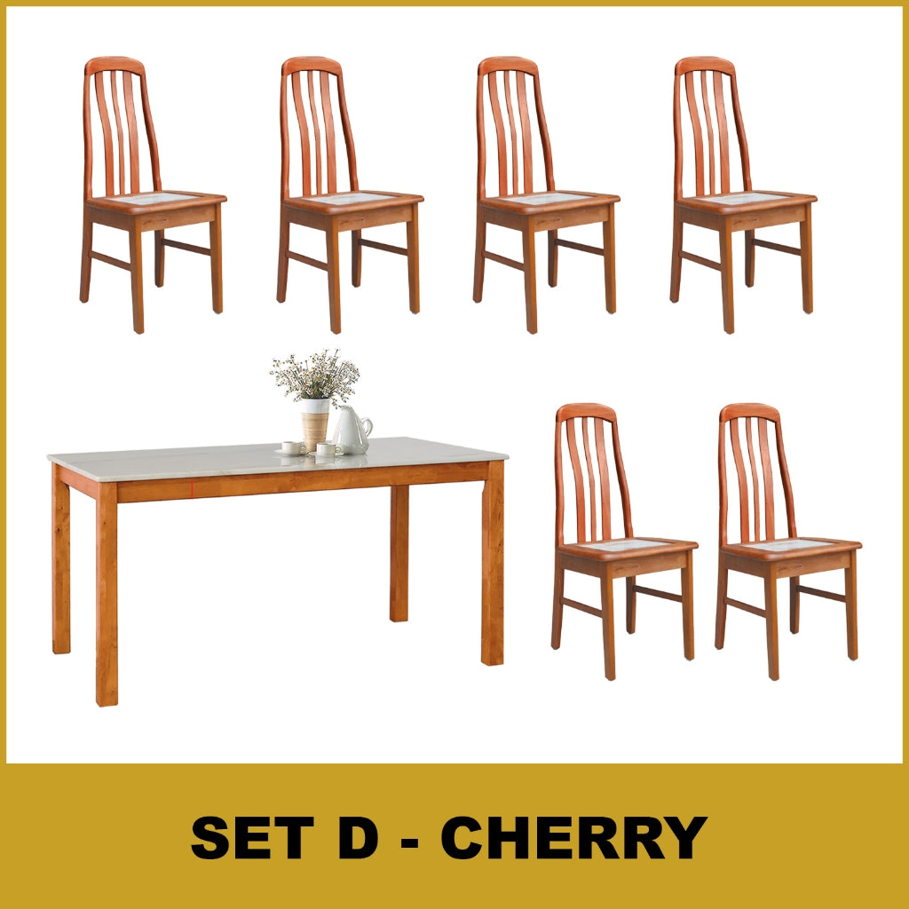 Kamila Dining Set with Table & Chairs 1+6 in Solid Wood Natural Marble Top Cherry/Walnut