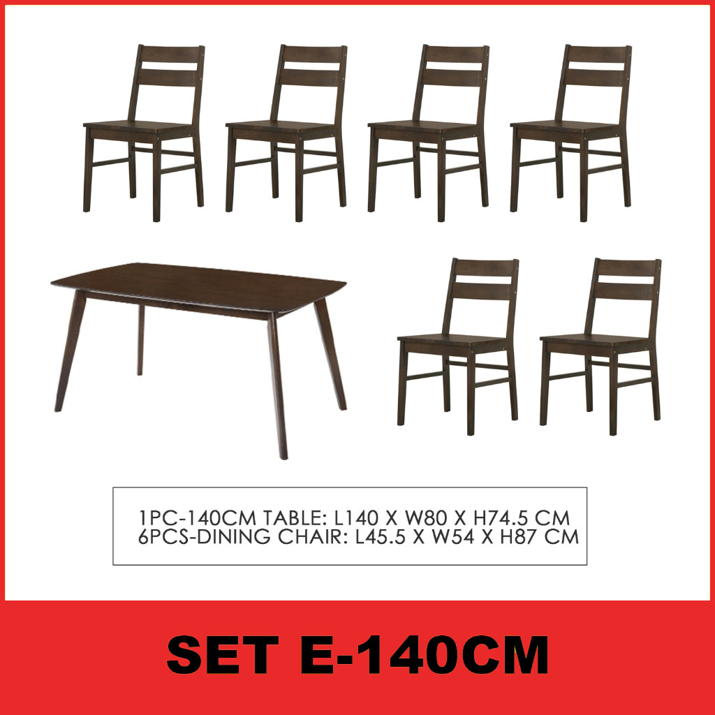 Jorgan 4/6 Seater Dining Set w/ Table, Chair & Bench Solid Rubber Wood in Walnut Colour