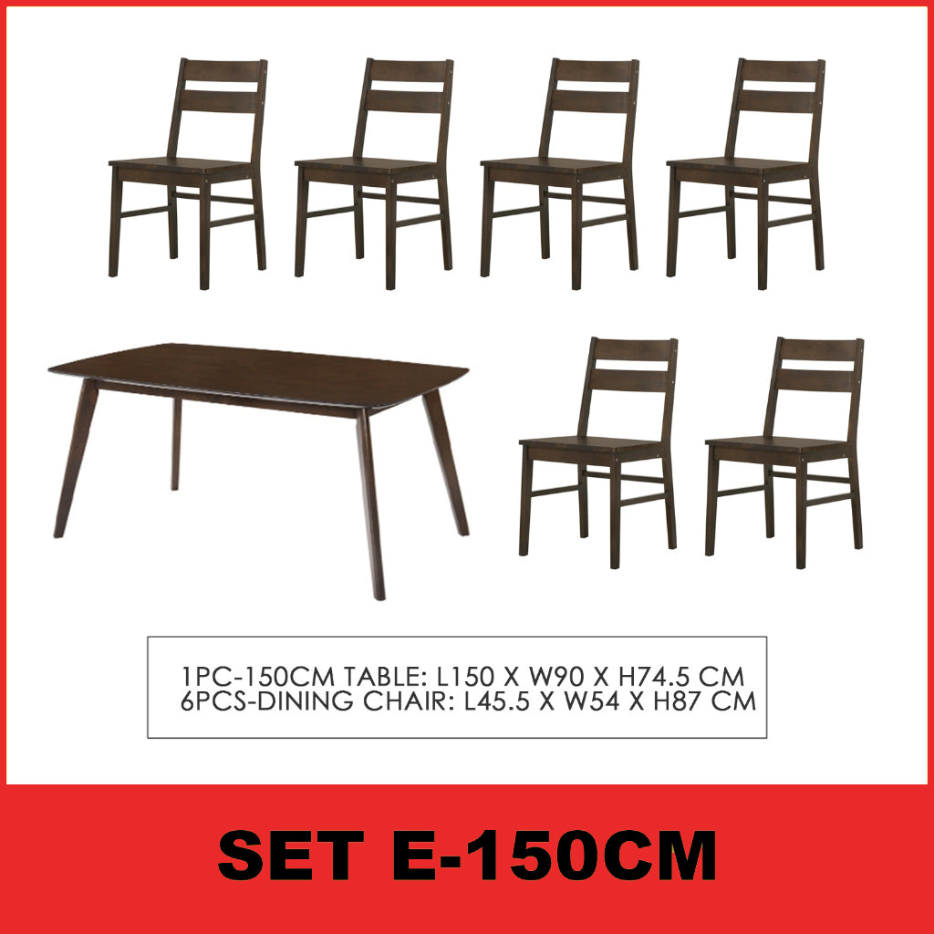 Jorgan 4/6 Seater Dining Set w/ Table, Chair & Bench Solid Rubber Wood in Walnut Colour