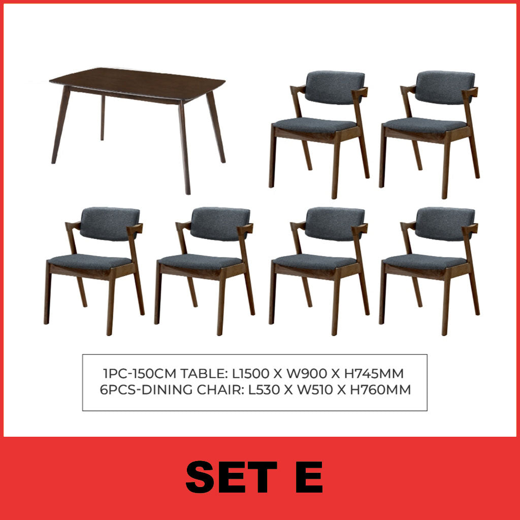 Xyrel Nordic Dining Set w/ Table, Chair & Bench Solid Rubber Wood in 3 Colours