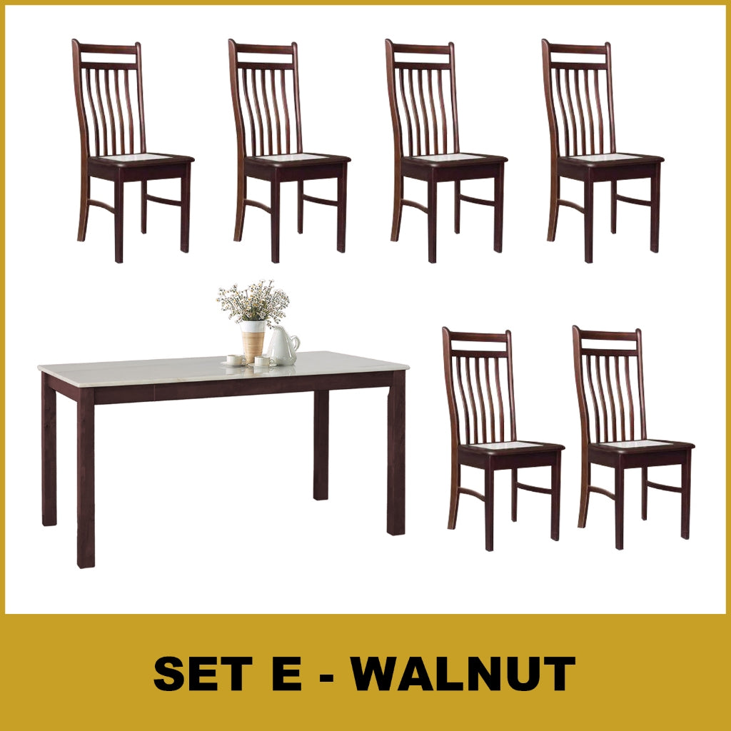 Kamila Dining Set with Table & Chairs 1+6 in Solid Wood Natural Marble Top Cherry/Walnut